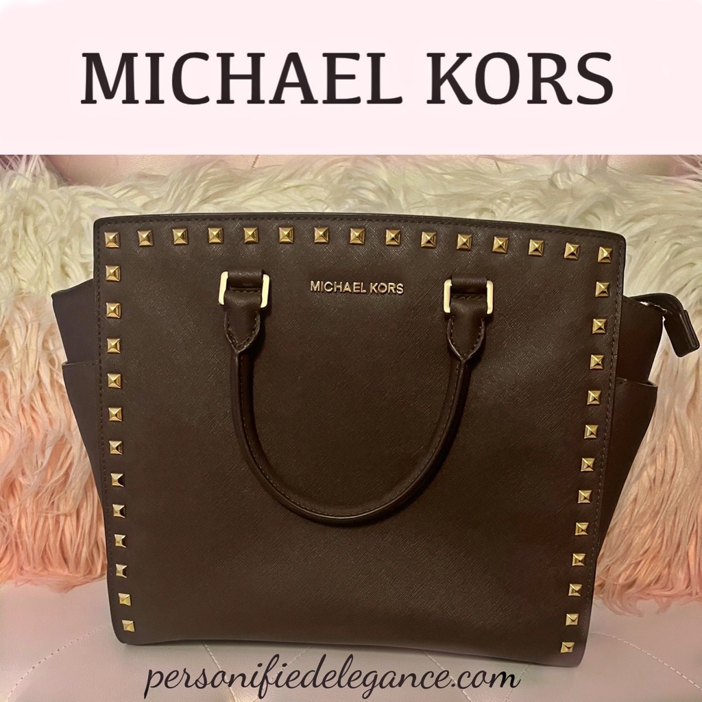 Michael Kors Selma Gold Studded Leather Satchel Handbag Tote Coffee Brown Xl